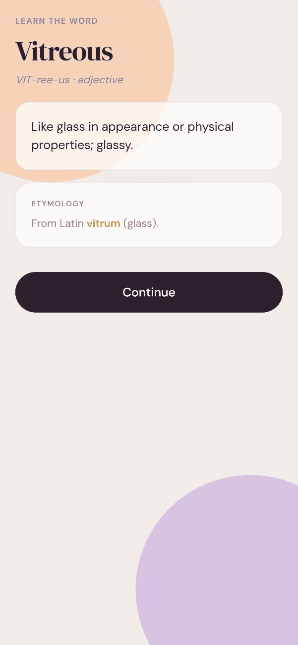 The Zazu app's word screen, shown in its real light or dark theme, with a word's definition and etymology